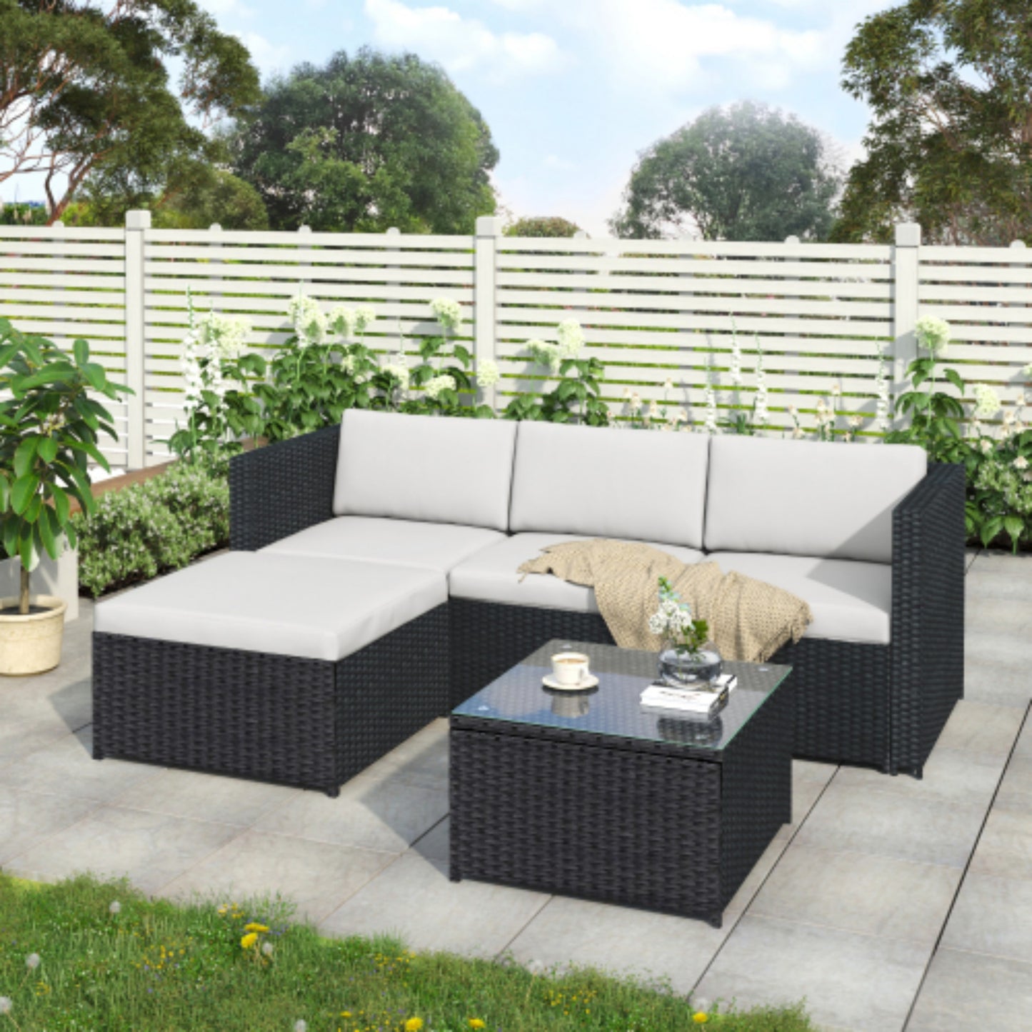 Garden Corner Sofa - Rattan Patio Corner Sofa Set - Black
