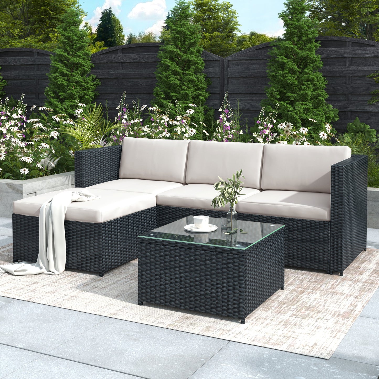 Garden Corner Sofa - Rattan Patio Corner Sofa Set - Black