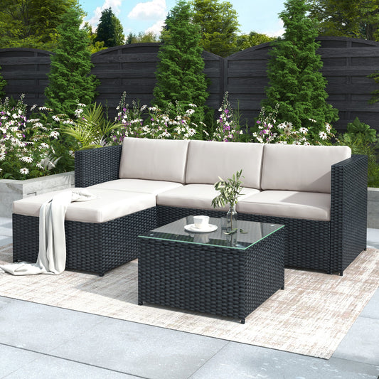 Garden Corner Sofa - Rattan Patio Corner Sofa Set - Black