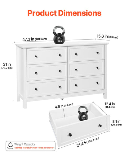 Retro Wooden Minimalist Dresser 6 Drawer - White