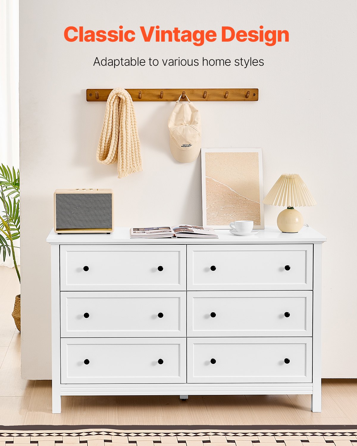 Retro Wooden Minimalist Dresser 6 Drawer - White