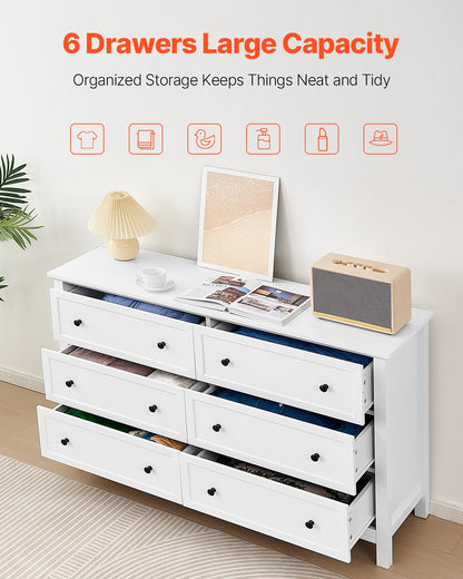 Retro Wooden Minimalist Dresser 6 Drawer - White