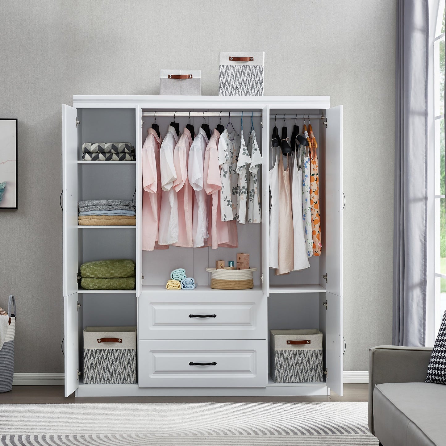 White Wardrobe Closet with Shelves Freestanding Clothes Storage Cabinet