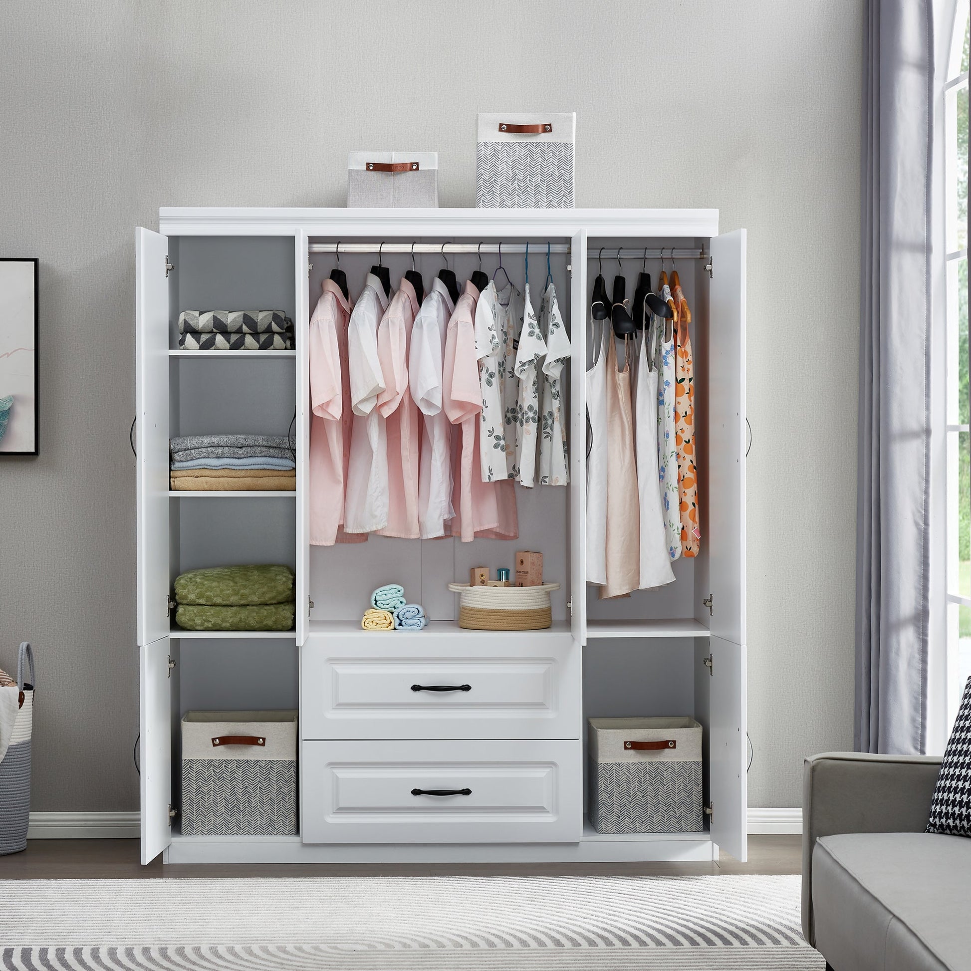 White Wardrobe Closet with Shelves Freestanding Clothes Storage Cabinet