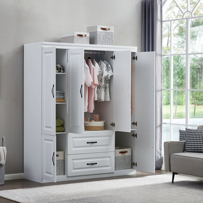 White Wardrobe Closet with Shelves Freestanding Clothes Storage Cabinet