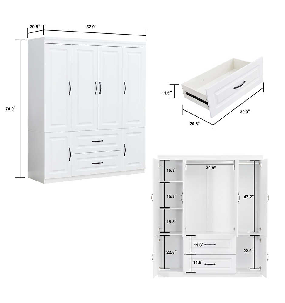 White Wardrobe Closet with Shelves Freestanding Clothes Storage Cabinet